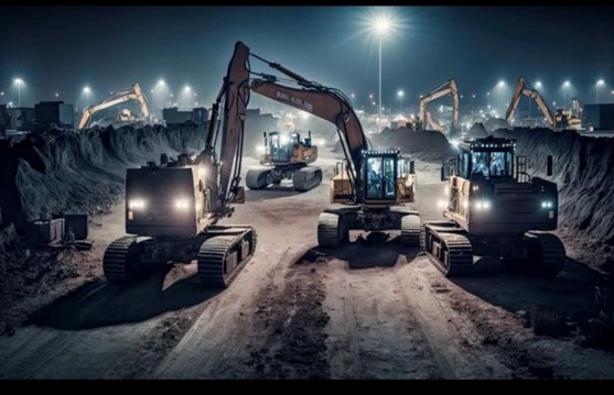 Several large excavators and construction vehicles operate at night under bright lights, surrounded by dirt piles on a construction site. The scene is illuminated, highlighting the machinery and their activity.