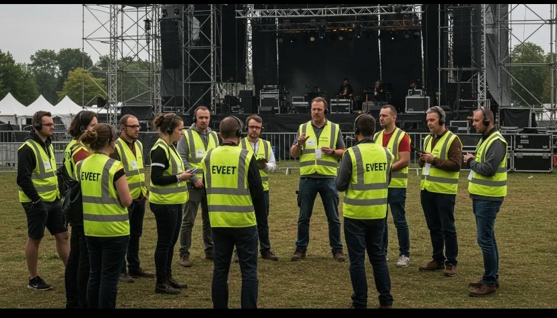 A group of people wearing yellow safety vests stand in a circle on a grassy field in front of a large outdoor stage, appearing to have a discussion or briefing.